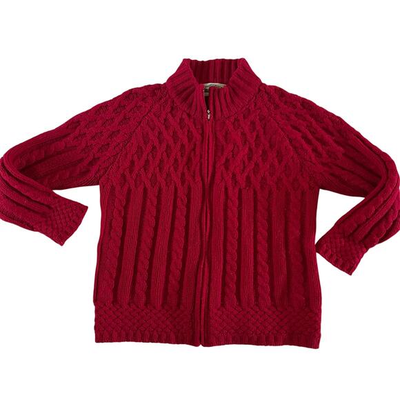 Aran Crafts Merino Wool Berry Red Cable Knit Zip Sweater Size L Irish - Picture 1 of 6